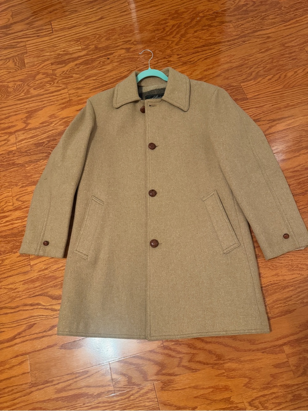 Vintage English Squire Camel Wool Car Coat Plaid Interior Size 36